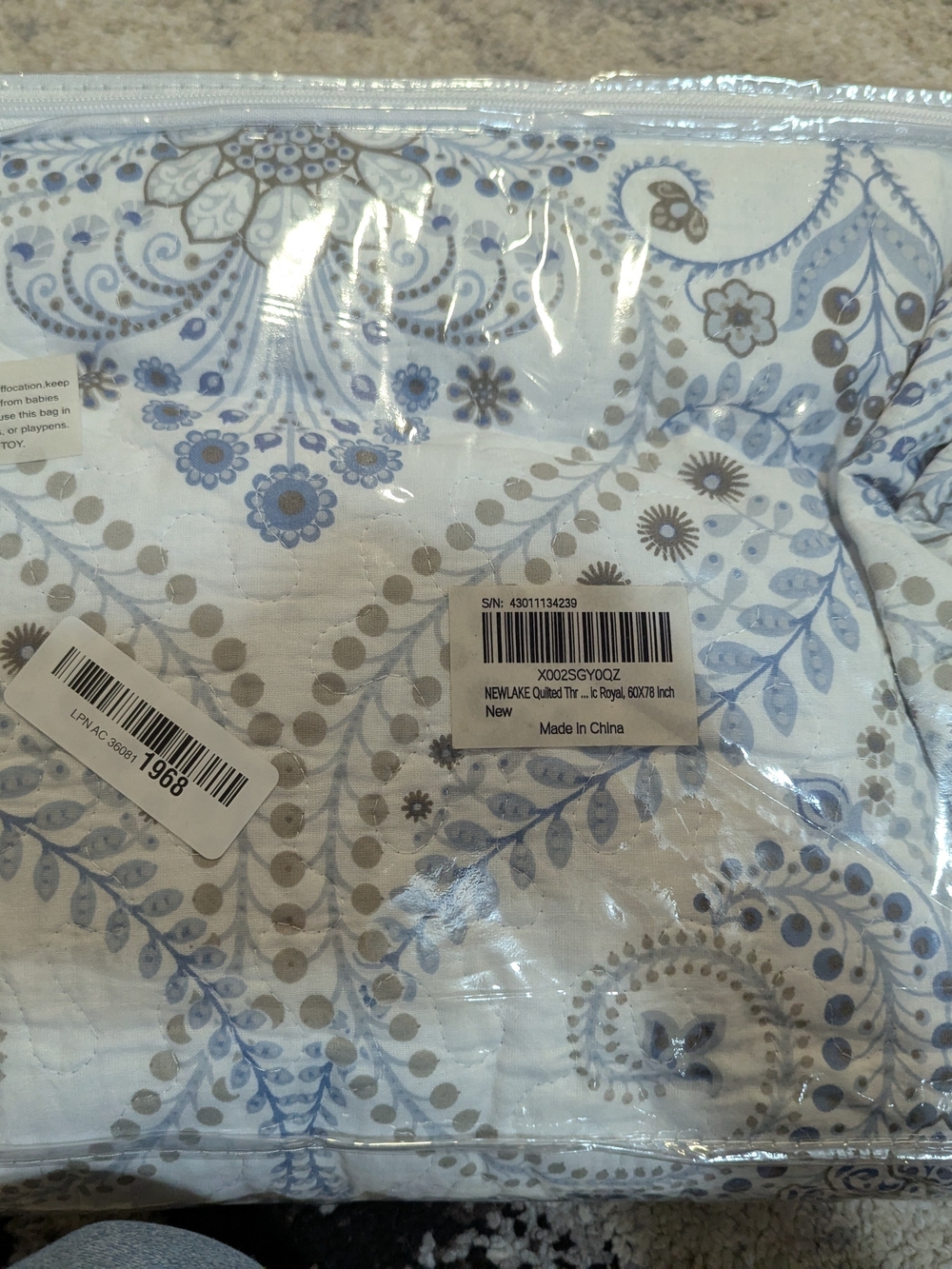 Quilted Bedspread with Blue Floral Paisley Print Twin